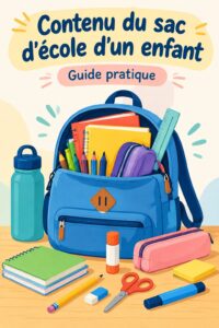 Un sac d'école coloré bien rempli avec des fournitures scolaires essentielles pour un enfant.