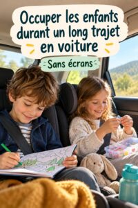 Image d'un enfant souriant jouant avec des jeux dans la voiture pendant un long trajet.