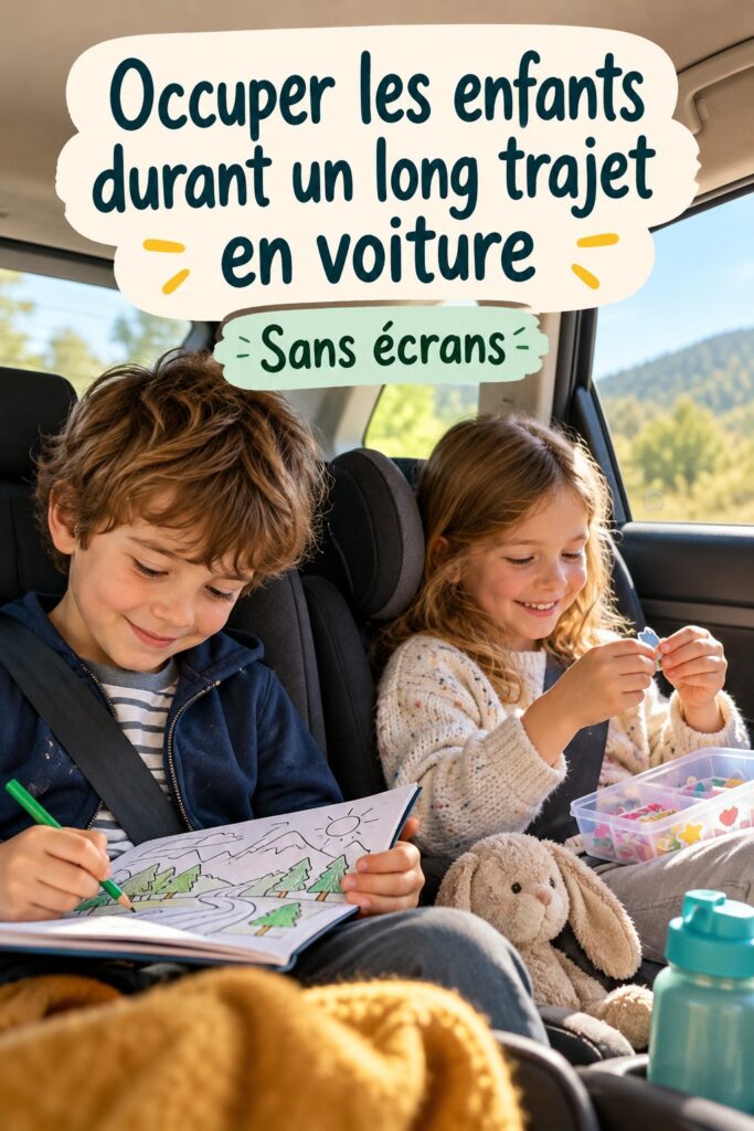 Image d'un enfant souriant jouant avec des jeux dans la voiture pendant un long trajet.