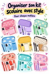 Vue d'un kit scolaire organisé, avec des fournitures colorées et stylées pour enfants.