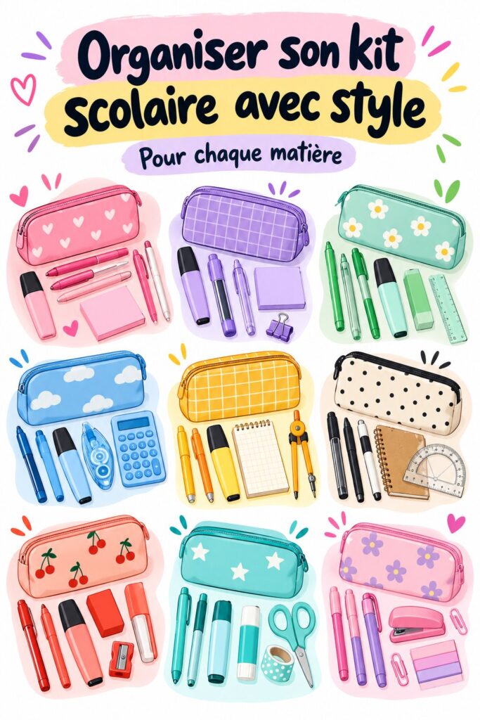 Vue d'un kit scolaire organisé, avec des fournitures colorées et stylées pour enfants.