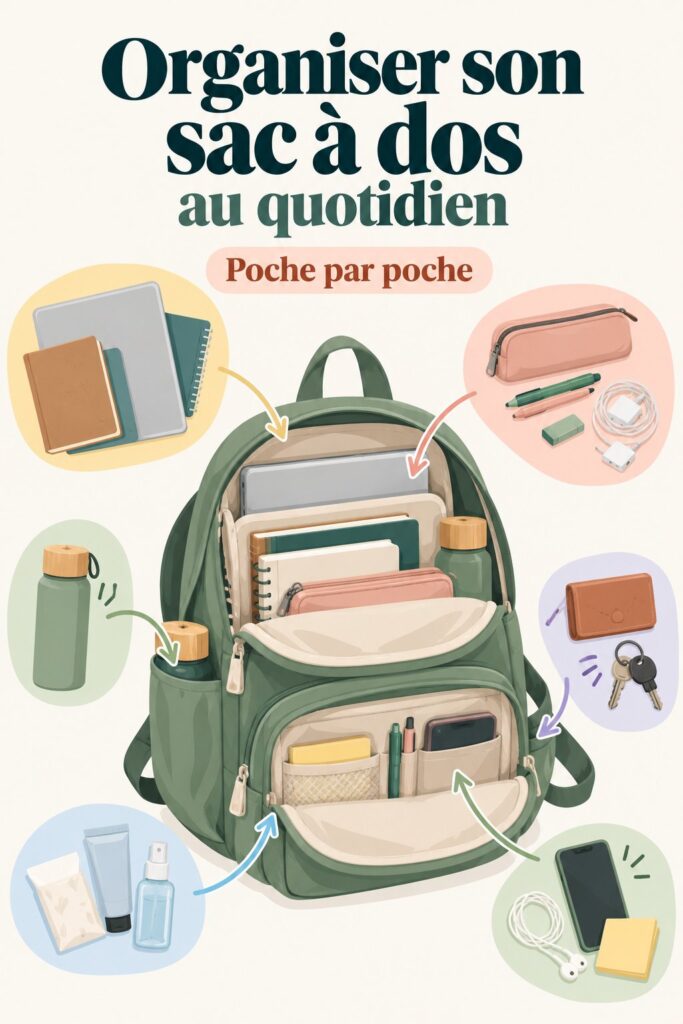 Femme organisant son sac à dos pour le quotidien avec divers accessoires