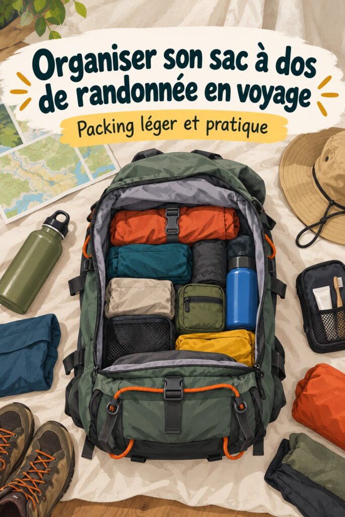 Un sac à dos bien organisé prêt pour une randonnée en pleine nature.