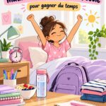 Un enfant souriant préparant son sac d'école pour une matinée sereine.