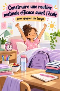 Un enfant souriant préparant son sac d'école pour une matinée sereine.