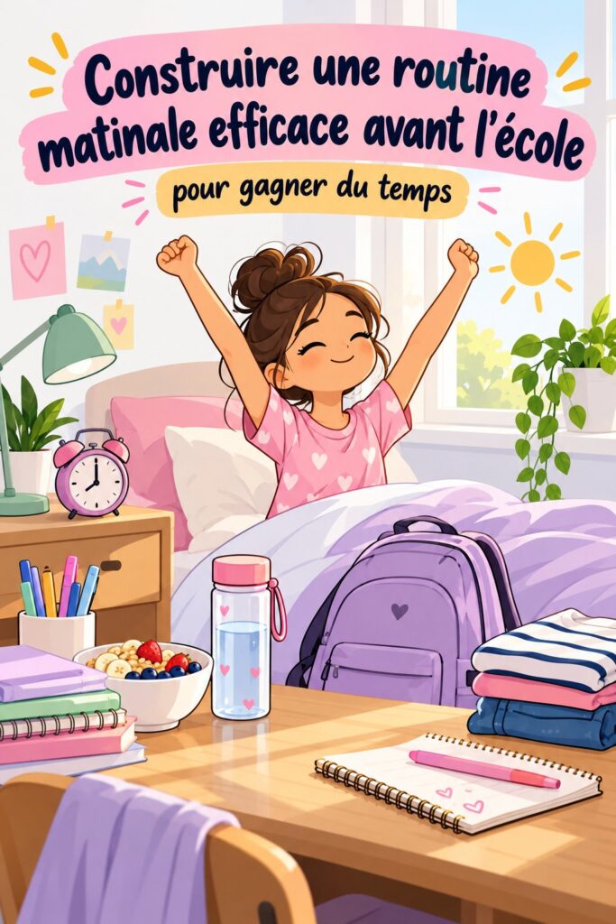 Un enfant souriant préparant son sac d'école pour une matinée sereine.