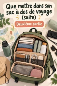 Un sac à dos de voyage bien rempli avec des essentiels pour les vacances en famille.