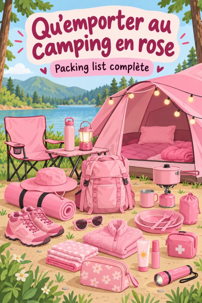 Un enfant souriant préparant son sac de camping avec des accessoires indispensables pour une aventure en plein air.