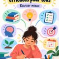 Maman qui étudie avec des enfants à côté, des livres sur la table, évoquant des stratégies d'étude adaptées aux familles