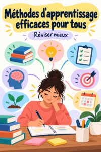 Maman qui étudie avec des enfants à côté, des livres sur la table, évoquant des stratégies d'étude adaptées aux familles