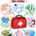 Trousse de secours bien remplie pour famille, prête à l'emploi dans une voiture.