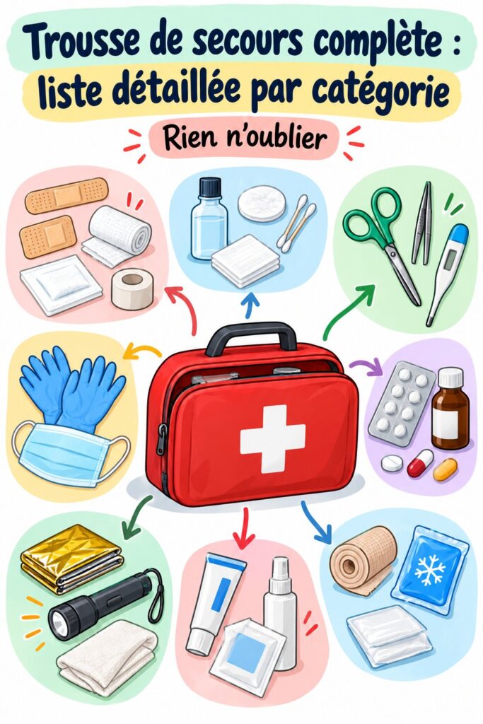 Trousse de secours bien remplie pour famille, prête à l'emploi dans une voiture.