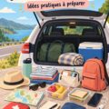 Une maman et ses enfants en voiture, préparant un voyage en famille